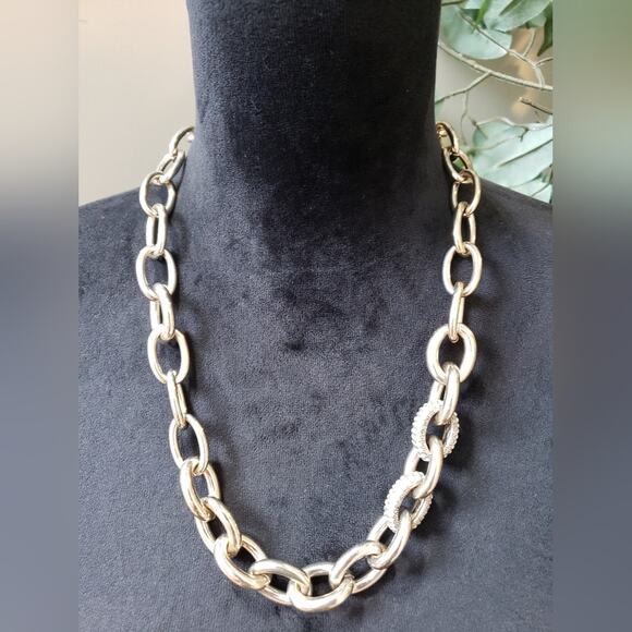 Loft Women Fashion Silver Tone Pave Rhinestone Bold Link Necklace w/ Lobster - Picture 1 of 8